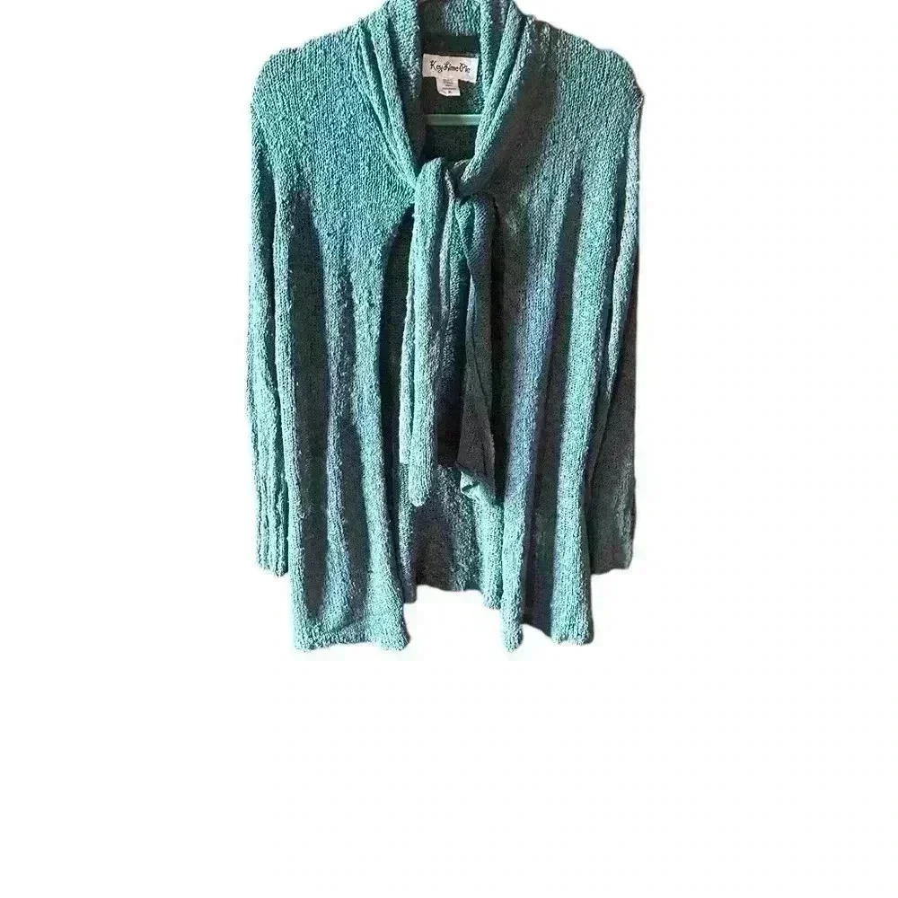 Key Lime Pie medium aqua green hacci knit cardigan scarf tie detail. Runs big